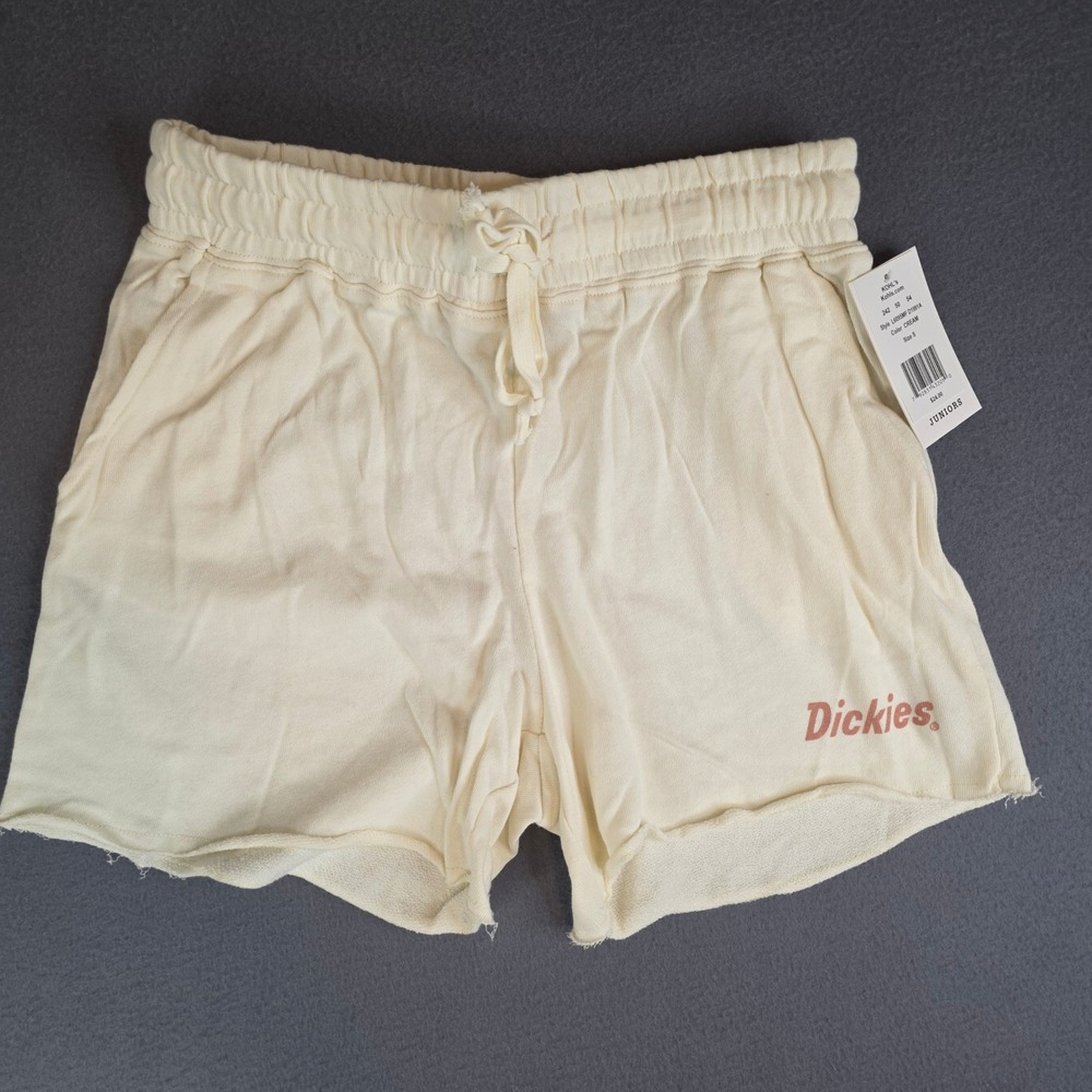 Dickies Sweat Shorts Juniors S Cream Logo Drawstring Raw Hem NEW